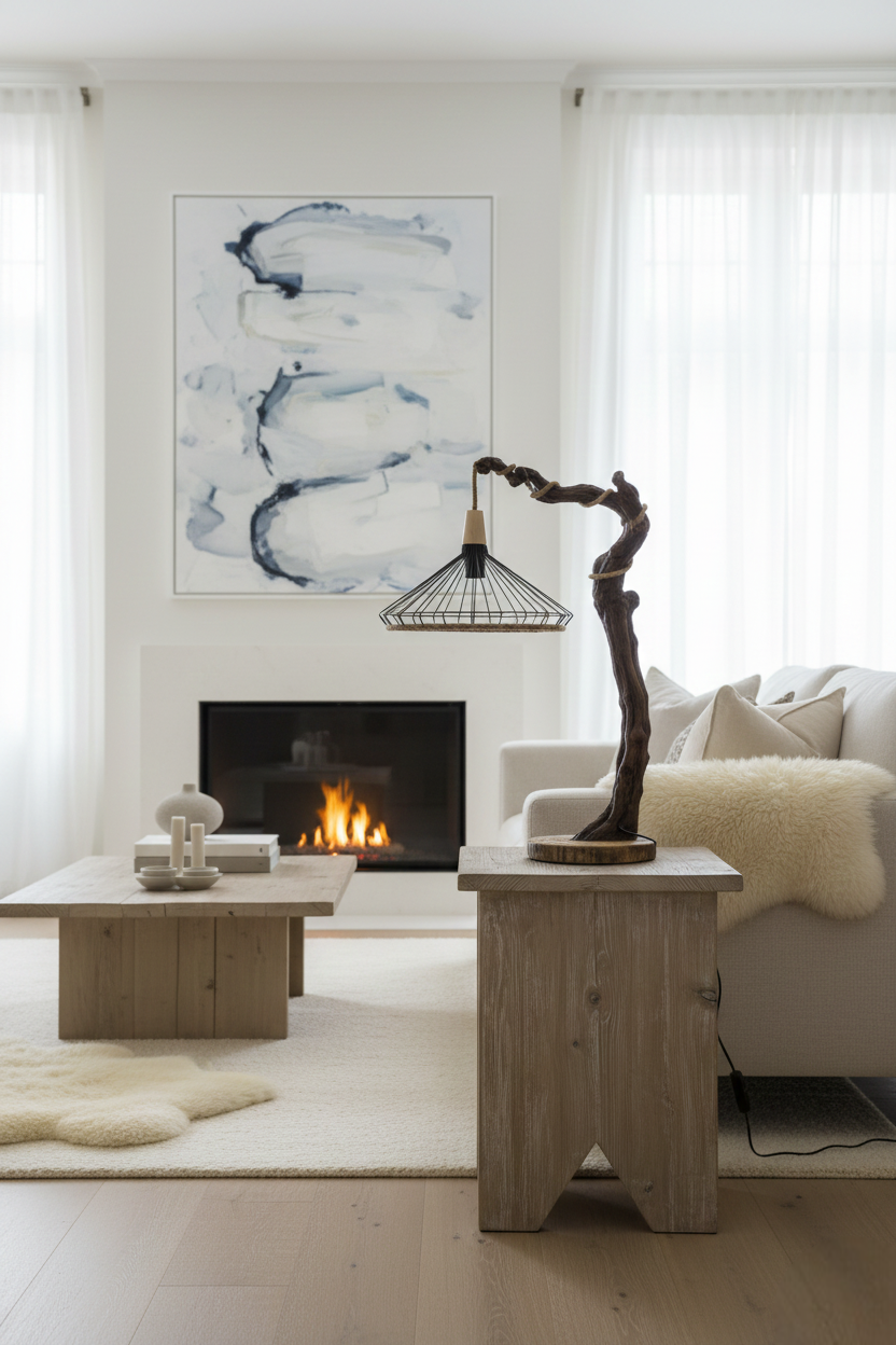 Skulpturalna lampa s lanenim sjenilom - WOODA - Slika 2